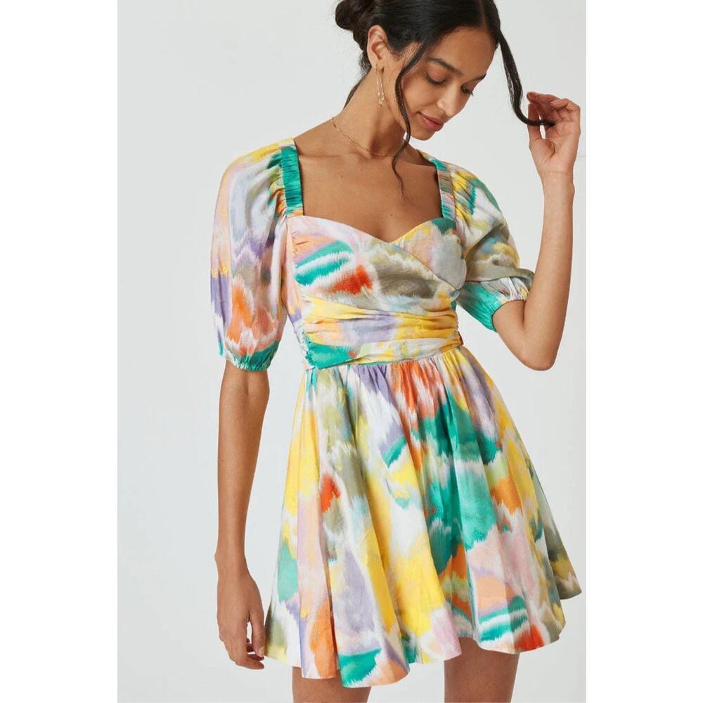 Anthropologie Swingy Rainbow Tie Dye Puff Sleeve Smocked Flirty Mini Dress Sz XS